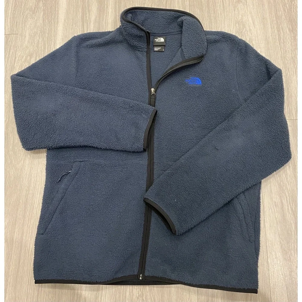 The North Face Large Mens Full Zip Fleece Jacket Navy Blue 100% Polyester Size L